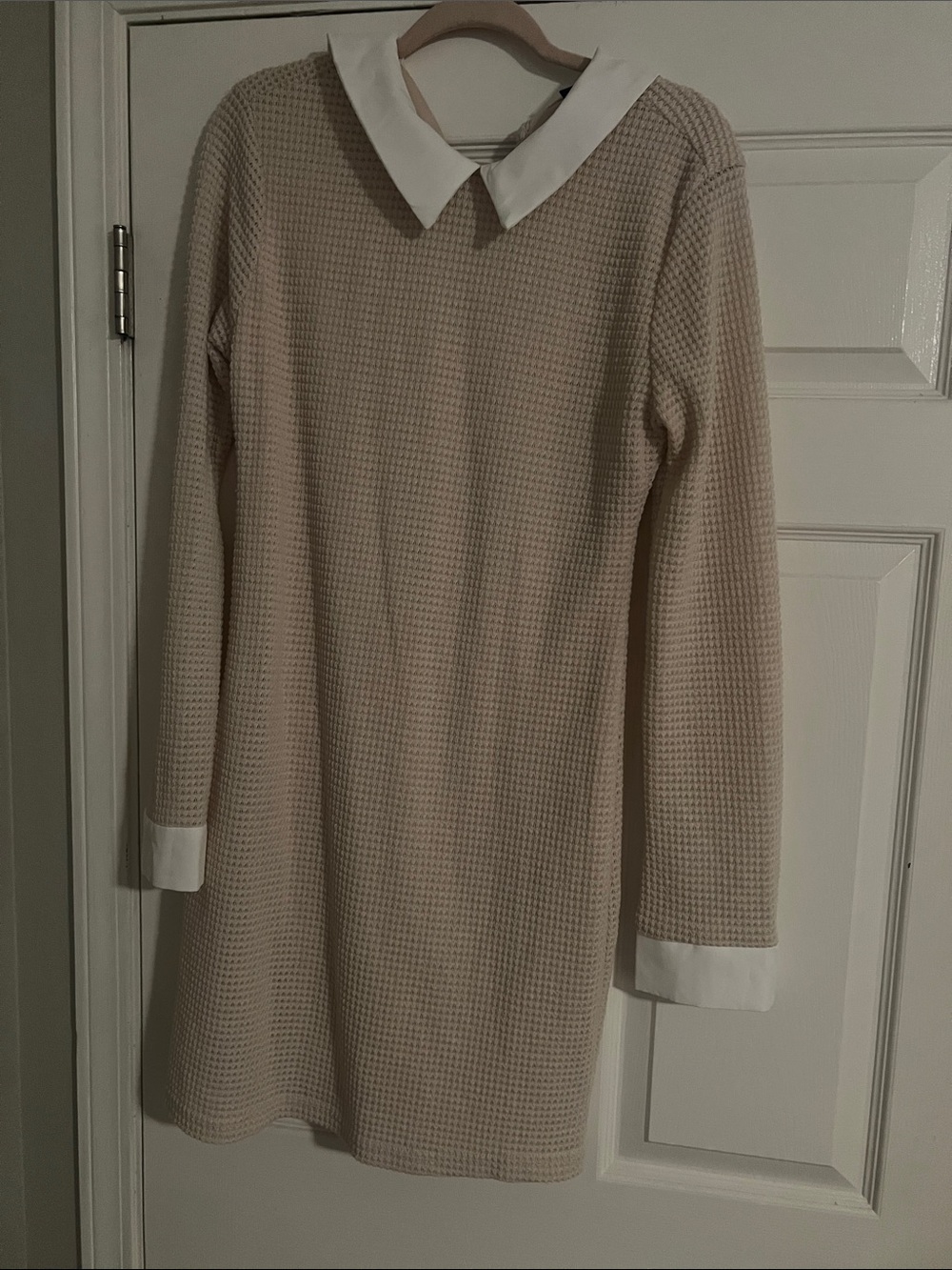 SHEIN Beige Waffle Knit Long Sleeve Dress with White Collar